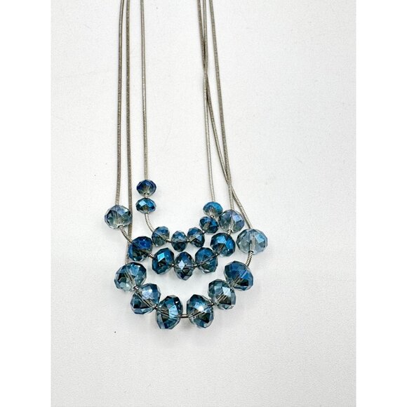 Chico's 3 Strand Aurora Borealis Faceted Blue Glass Beads Silver Tone Chain - Picture 3 of 4